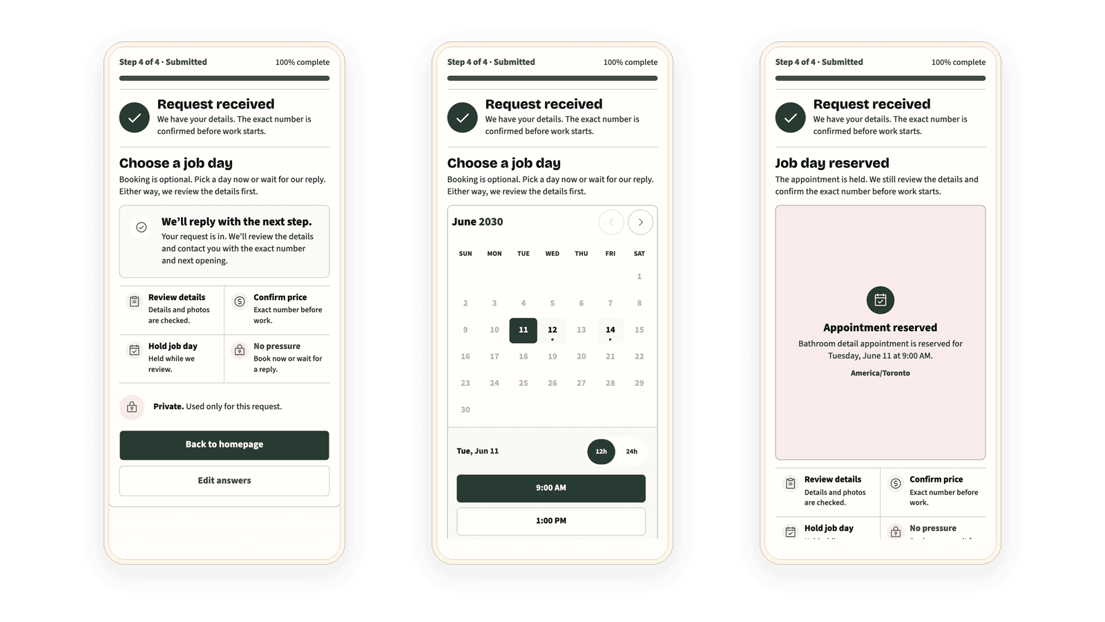 Three matching Bathroom Detailer SmartQuote phone views showing a received request, an optional selected job day, and a reserved appointment.