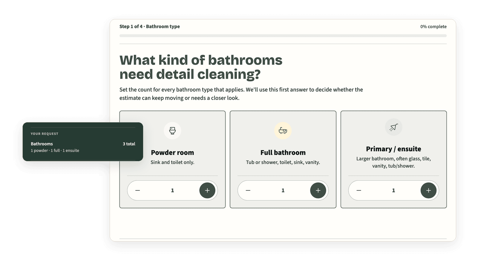 Bathroom Detailer SmartQuote showing powder-room, full-bathroom, and primary-ensuite choices becoming a structured three-bathroom scope record.