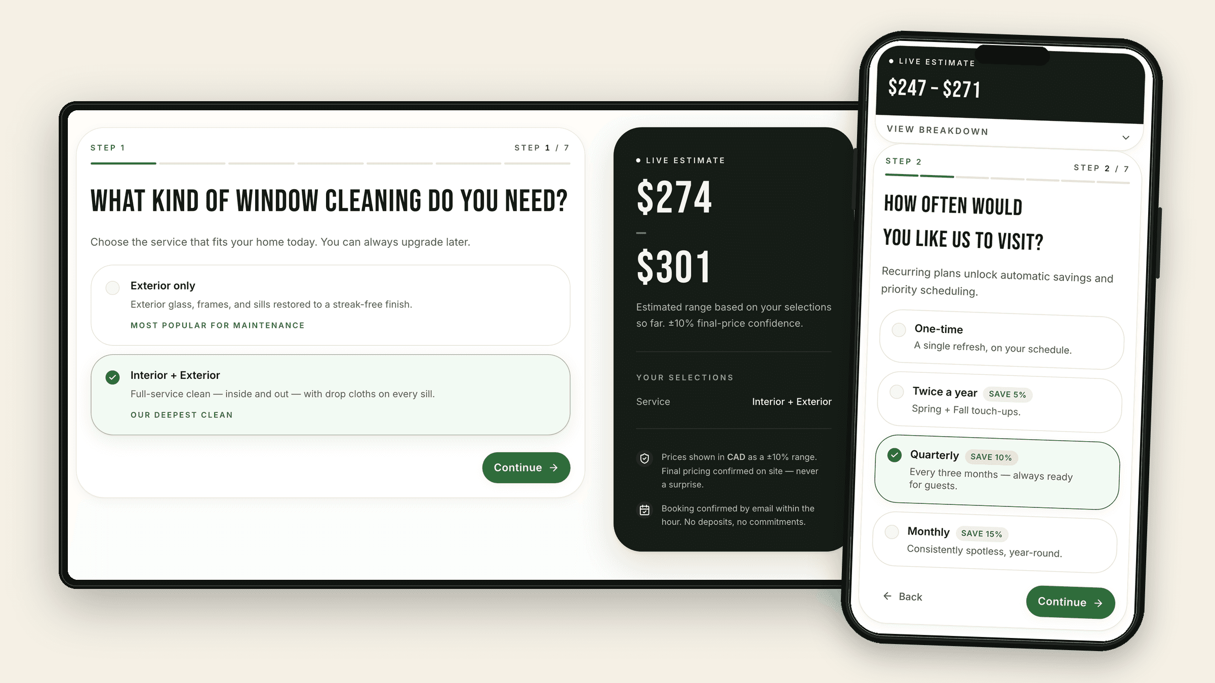 Window-cleaning SmartQuote service and frequency screens shown in desktop and mobile device mockups, with interior plus exterior service and quarterly frequency selected before the range.