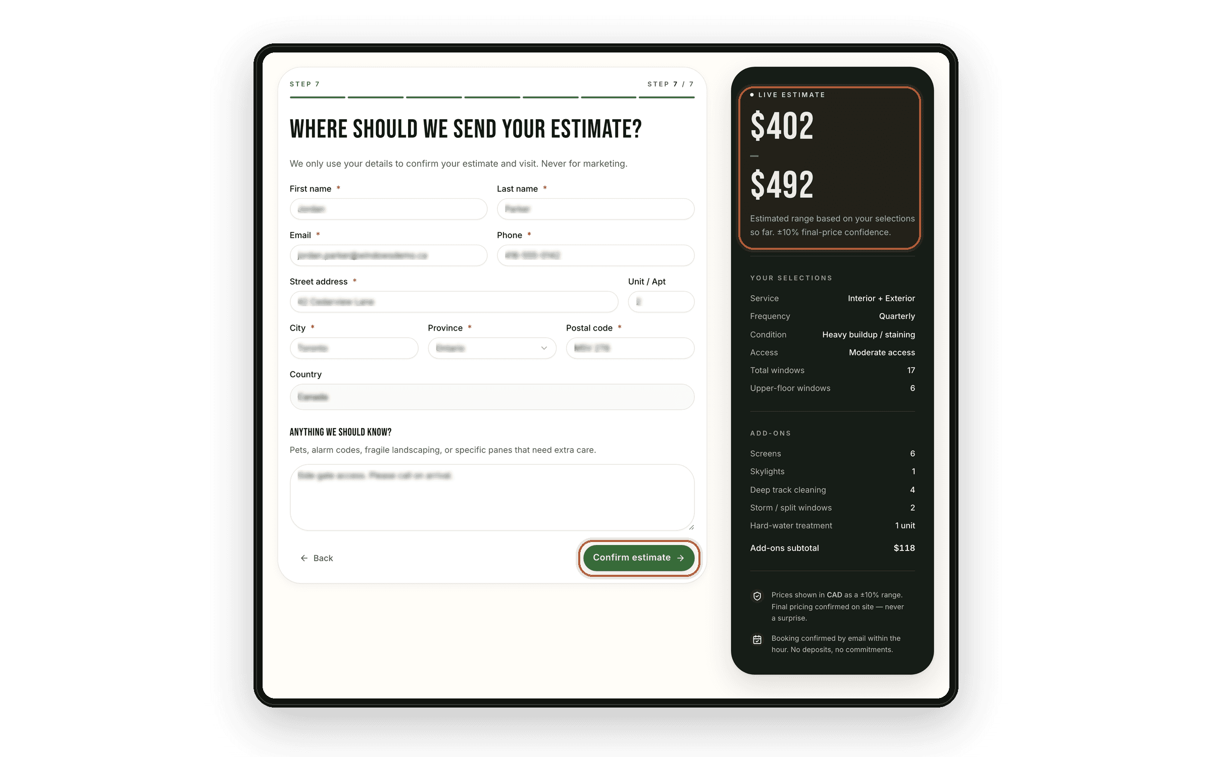 Window-cleaning SmartQuote range and contact screen in a desktop mockup, with personal input values blurred and subtle highlights on the estimate range and confirm-estimate button.