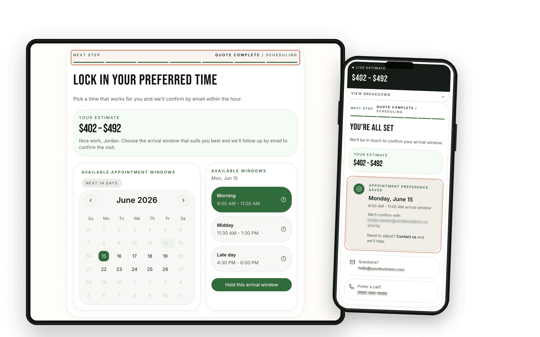 Window-cleaning SmartQuote booking-preference screens in desktop and mobile mockups, with quote-complete scheduling language and saved appointment preference highlighted after submit.