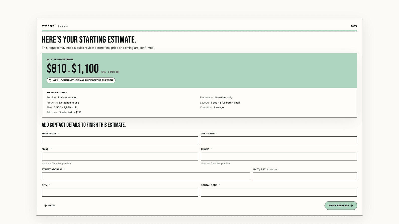 House cleaning SmartQuote contact form showing a starting estimate that needs review before final price confirmation.
