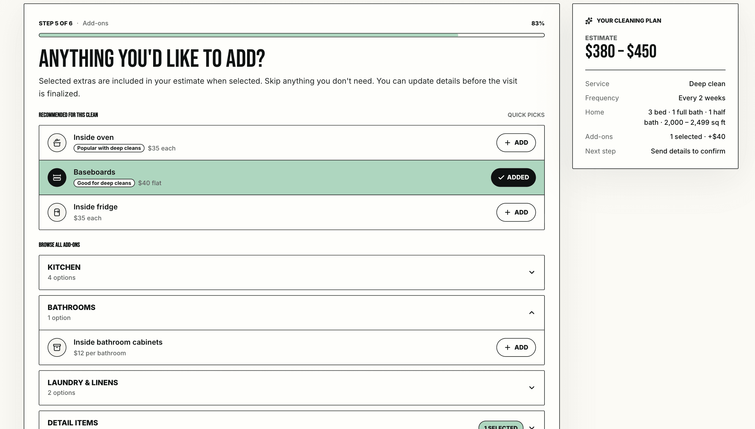 House cleaning SmartQuote preview showing a guided quote path, estimate range, and next step.