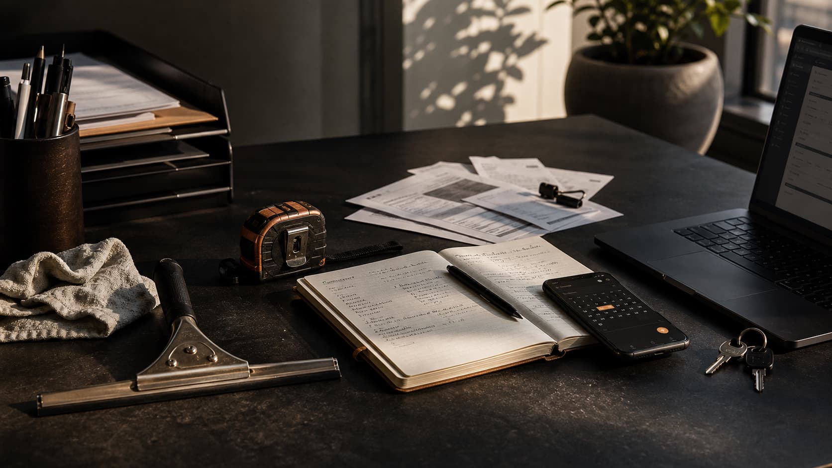 A service-business work surface with quote notes, tools, a phone, and a laptop beside a notebook.
