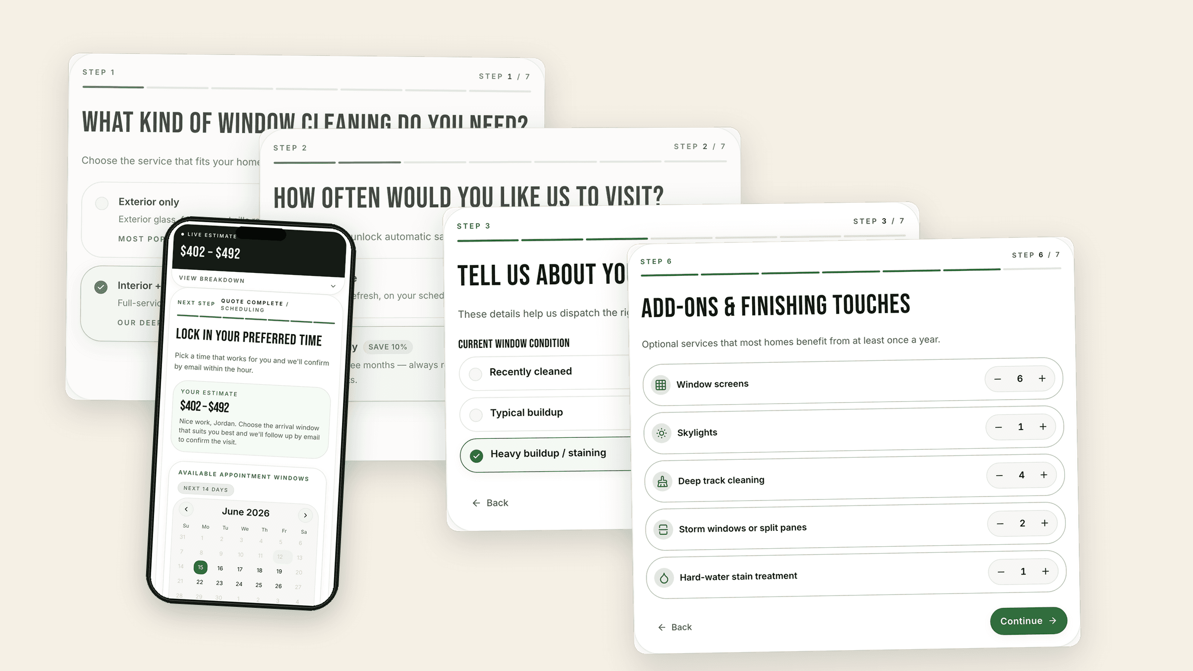 Window cleaning SmartQuote preview showing overlapping quote screens, add-ons, and a mobile booking calendar.