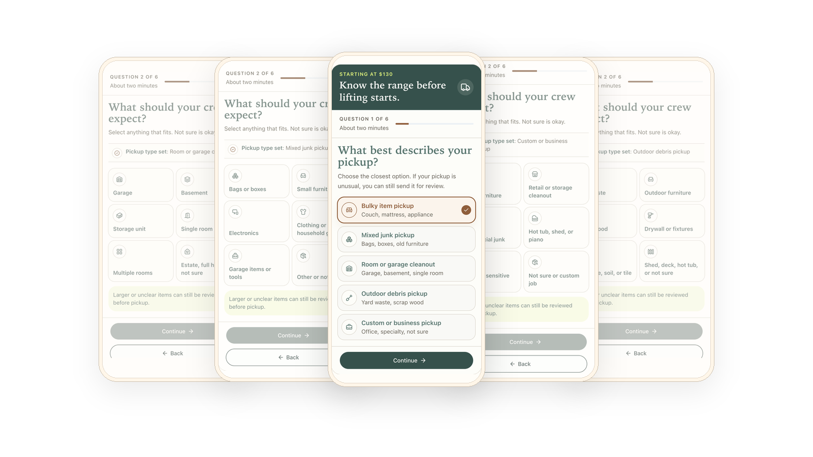 Illustrative SmartQuote routing board showing job-shape choices and branch-specific item detail questions.