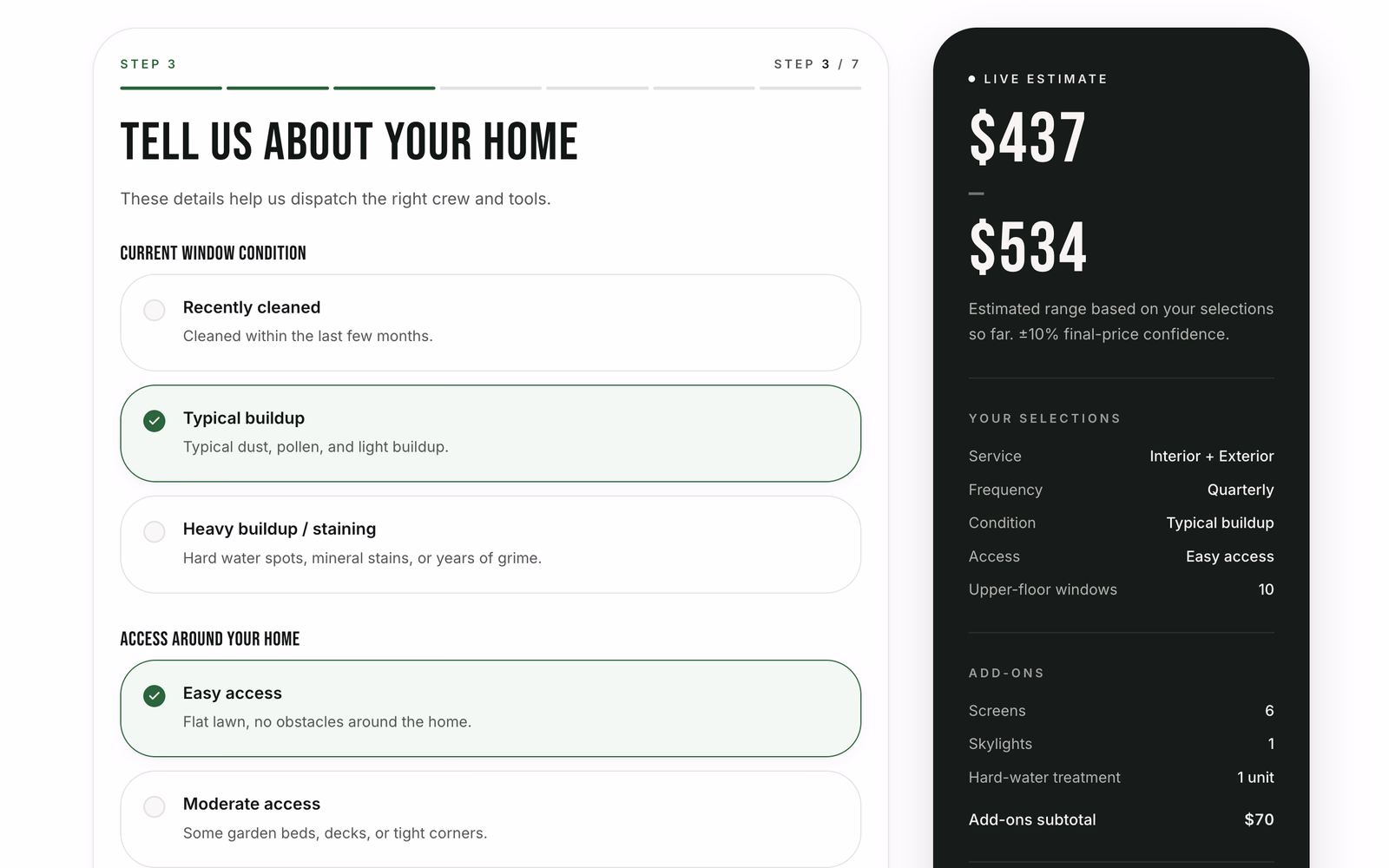 A window-cleaning SmartQuote result with an estimate range, booking calendar, appointment windows, and estimate summary.