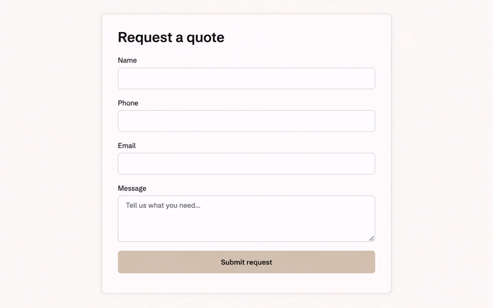 A plain service request form with name, phone, email, and message fields.