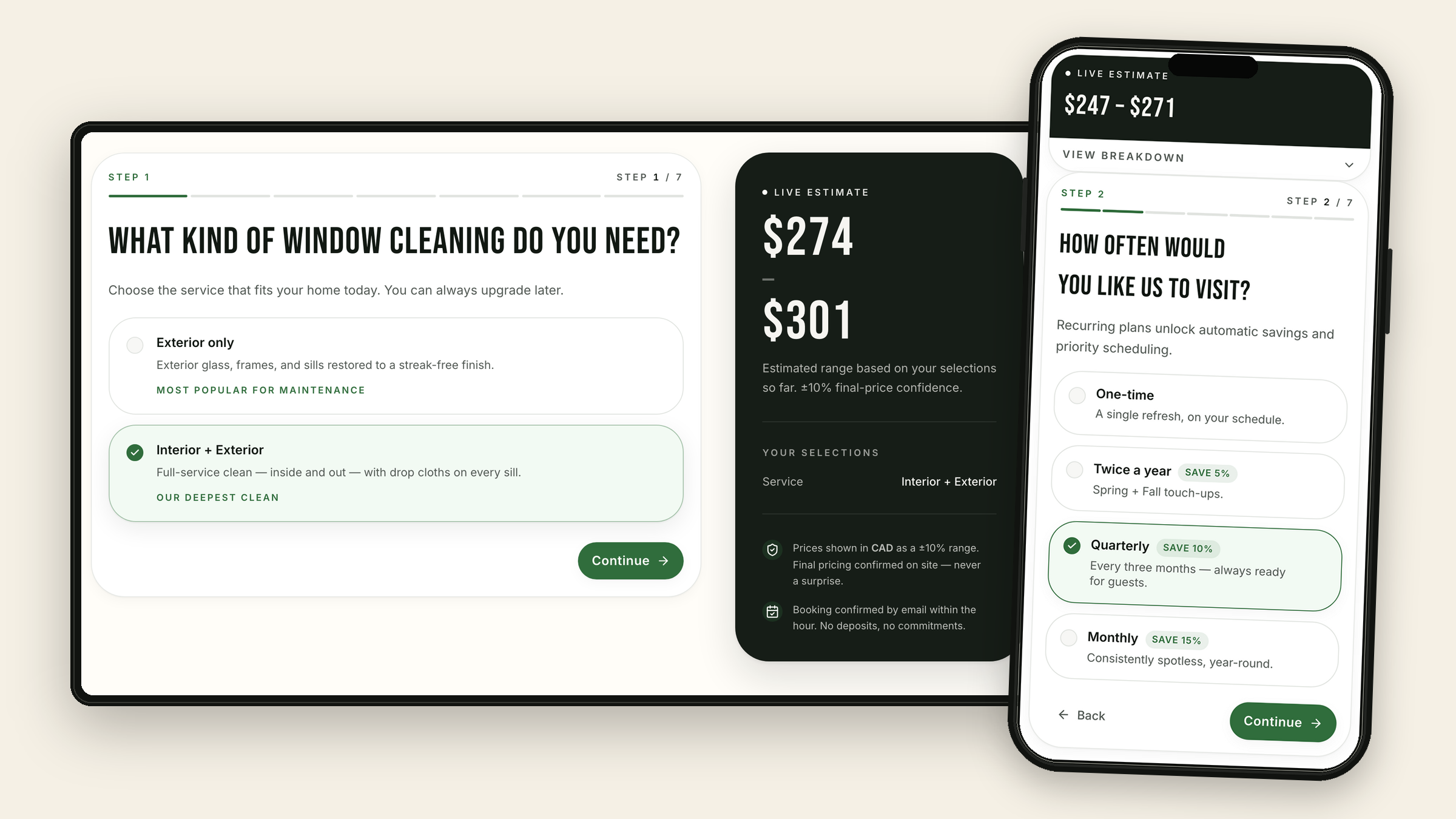 Window-cleaning SmartQuote service and frequency screens shown in desktop and mobile device mockups, with interior plus exterior service and quarterly frequency selected before the range.