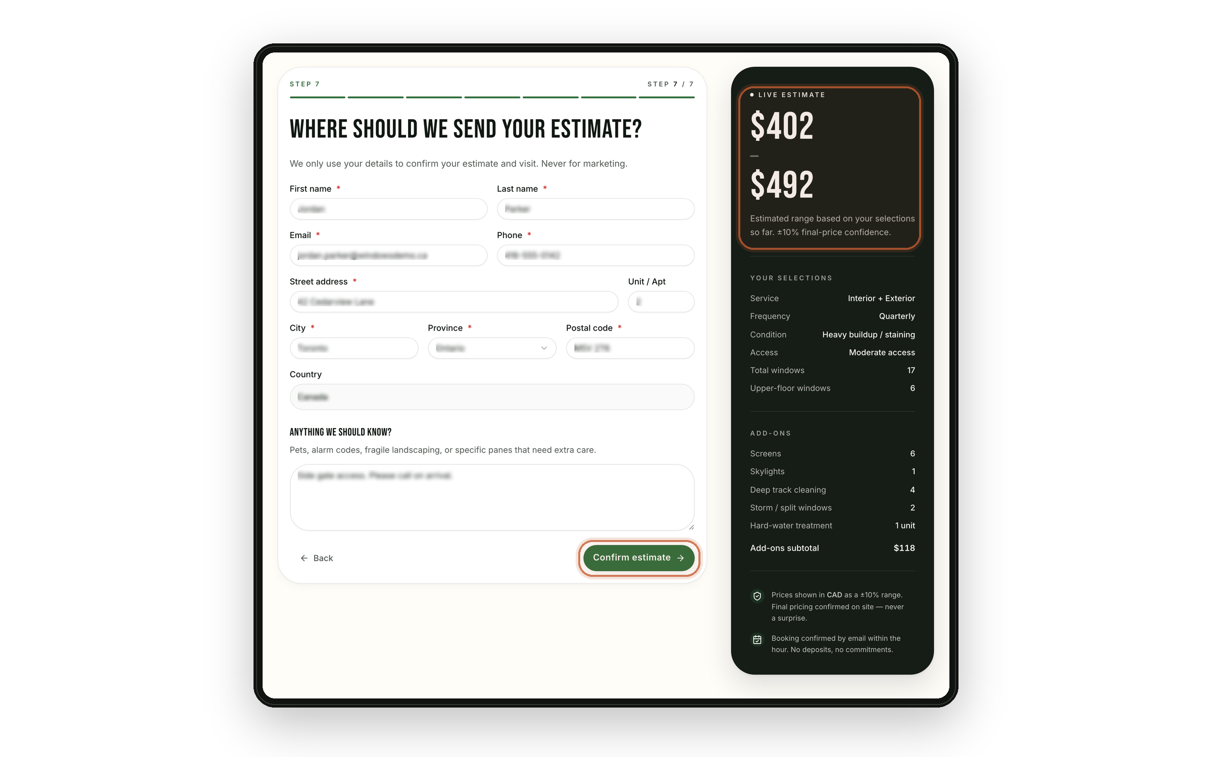 Window-cleaning SmartQuote range and contact screen in a desktop mockup, with personal input values blurred and subtle highlights on the estimate range and confirm-estimate button.