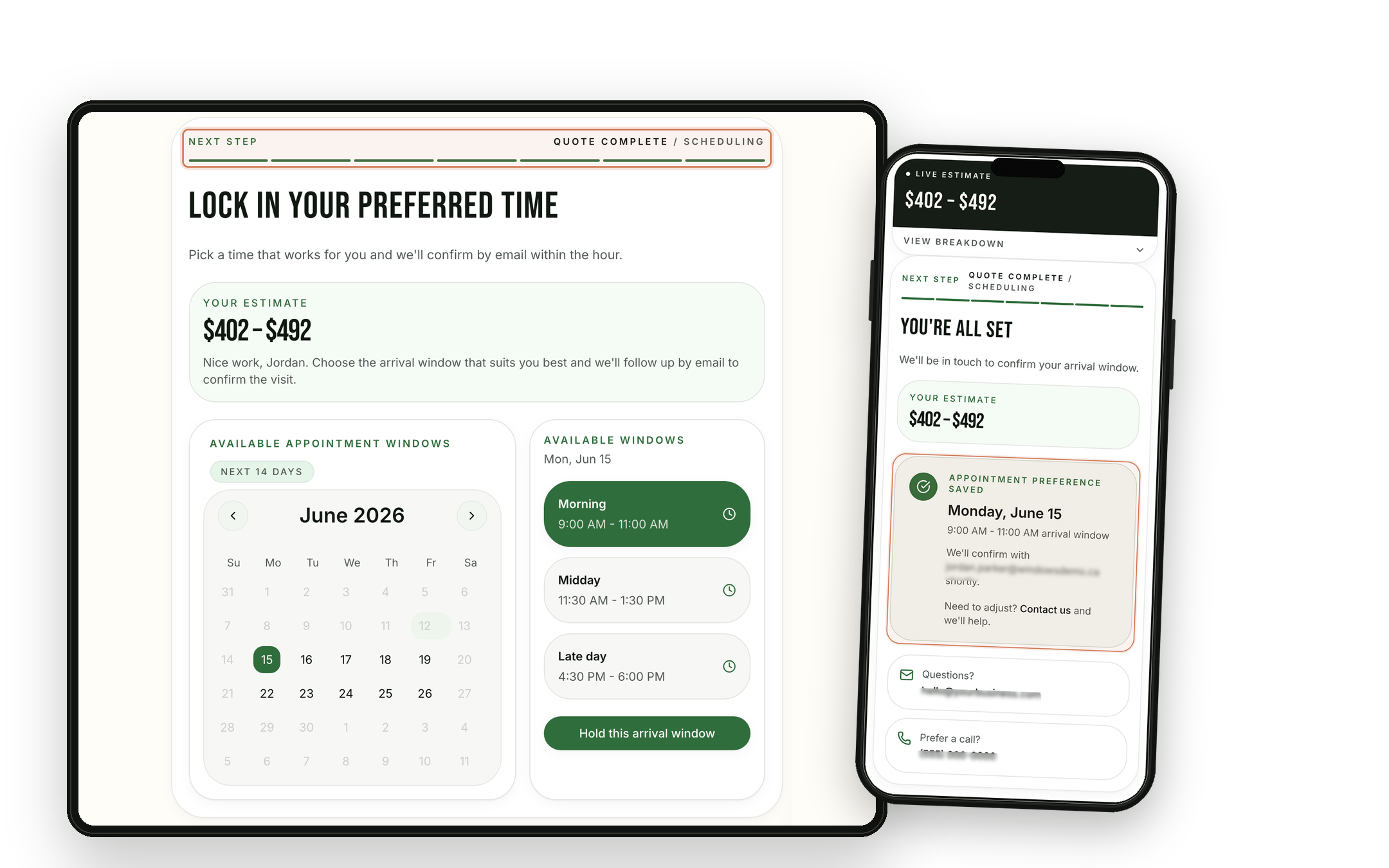 Window-cleaning SmartQuote booking-preference screens in desktop and mobile mockups, with quote-complete scheduling language and saved appointment preference highlighted after submit.