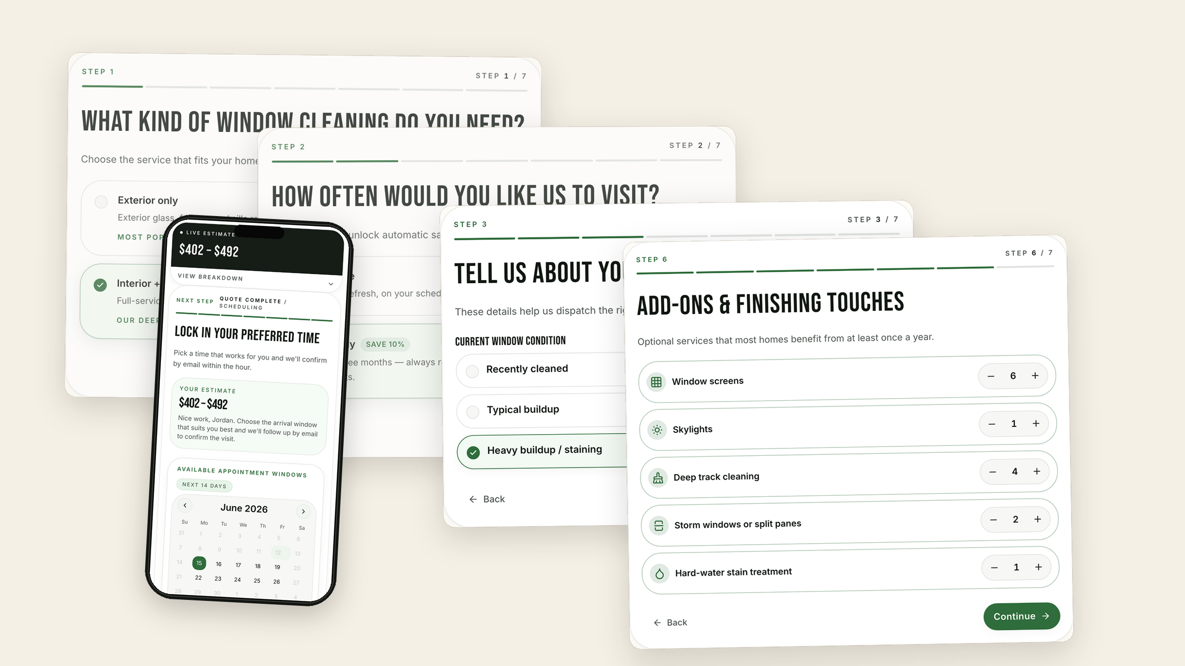 Window cleaning SmartQuote hero preview showing overlapping quote screens and a slim dark mobile calendar mockup.
